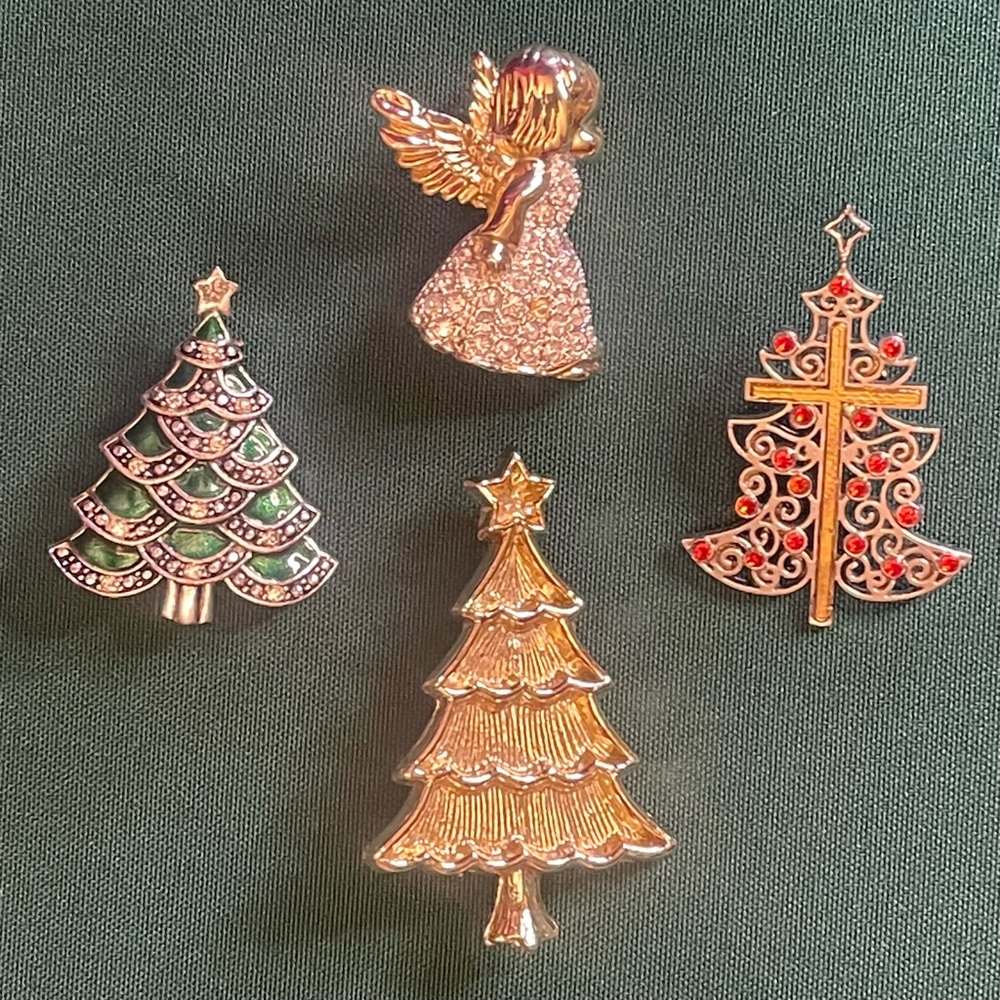 4 Holiday Brooches and Pins - 3 Trees and 1 Angel